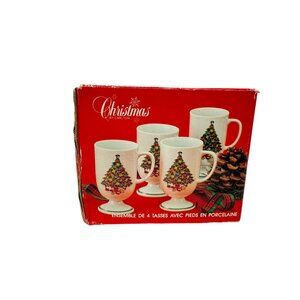 Christmas By Carlton Christmas Tree Porcelain Set 4 Footed Mugs 1986 Retro
